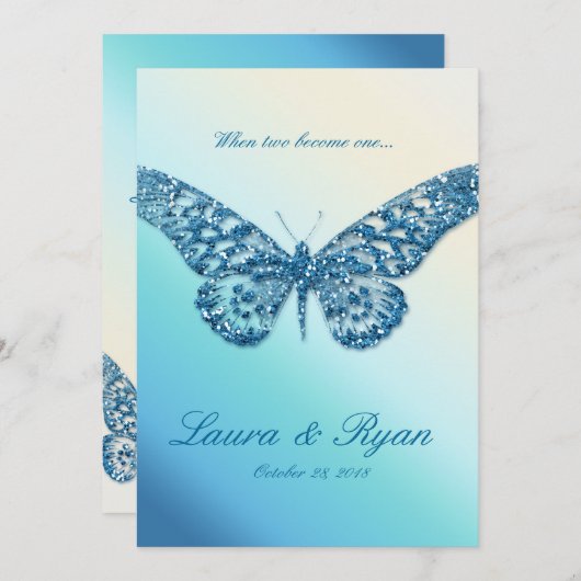 Butterfly Wedding Invite Sparkle Blue Kaart (Voorkant / Achterkant)