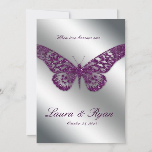 Butterfly Wedding Invite Sparkle Paarse Silver Kaart (Voorkant)