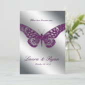 Butterfly Wedding Invite Sparkle Paarse Silver Kaart (Staand voorkant)