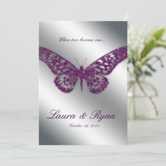 Butterfly Wedding Invite Sparkle Paarse Silver Kaart (Staand voorkant)