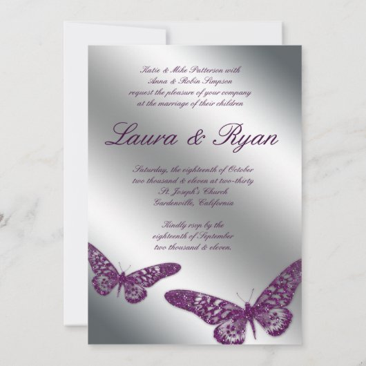 Butterfly Wedding Invite Sparkle Paarse Silver Kaart (Achterkant)