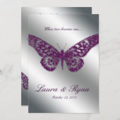 Butterfly Wedding Invite Sparkle Paarse Silver Kaart (Voorkant / Achterkant)