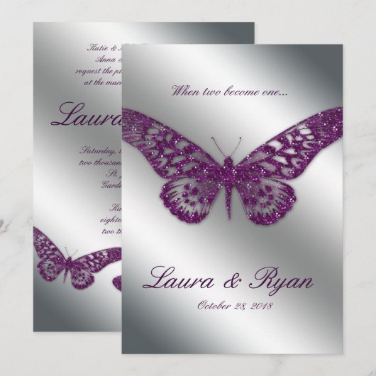 Butterfly Wedding Invite Sparkle Paarse Silver Kaart (Voorkant / Achterkant)