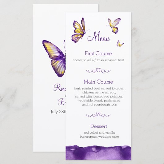 Butterfly Wedding Menu Kaarten | Paarse Waterverf (Voorkant / Achterkant)