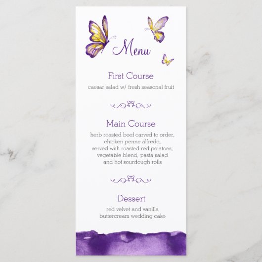 Butterfly Wedding Menu Kaarten | Paarse Waterverf (Voorkant)