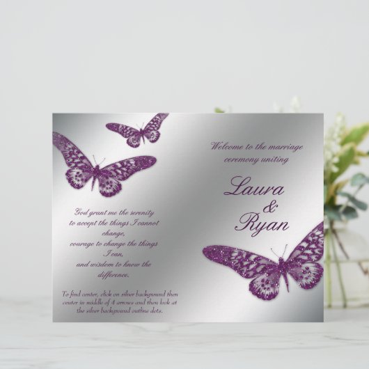 Butterfly Wedding Program Flyer Silver Paarse Spar (Staand voorkant)