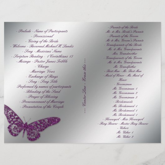 Butterfly Wedding Program Flyer Silver Paarse Spar (Achterkant)