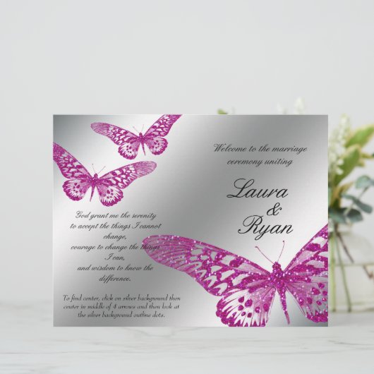 Butterfly Wedding Program Silver Pink Glitter (Staand voorkant)