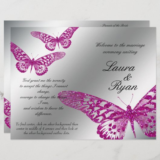 Butterfly Wedding Program Silver Pink Glitter (Voorkant / Achterkant)