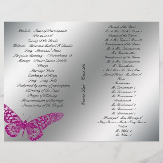 Butterfly Wedding Program Silver Pink Glitter (Achterkant)