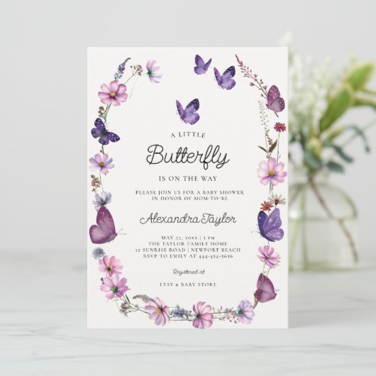 Butterfly Wild Paarse Mauve Roze Baby Girl Shower Kaart (Staand voorkant)
