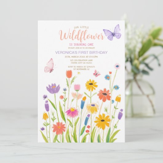 Butterfly Wildflower 1e verjaardag uitnodiging (Staand voorkant)