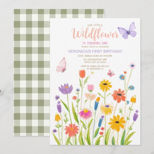 Butterfly Wildflower 1e verjaardag uitnodiging (Voorkant / Achterkant)