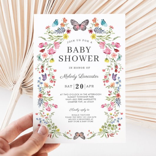 Butterfly Wildflower Baby shower Invitation Kaart