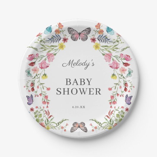 Butterfly Wildflower Baby shower Papieren Bordje (Voorkant)