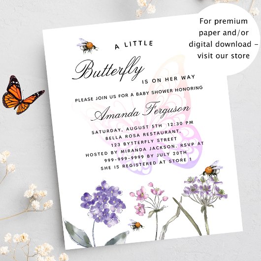 Butterfly wildflower budget baby shower uitnodigin