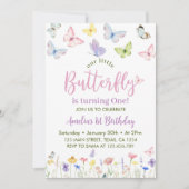 Butterfly Wildflower Eerste Verjaardag Uitnodiging (Voorkant)