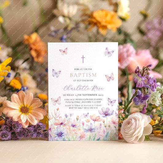 Butterfly Wildflower Floral Baptism Christening Kaart