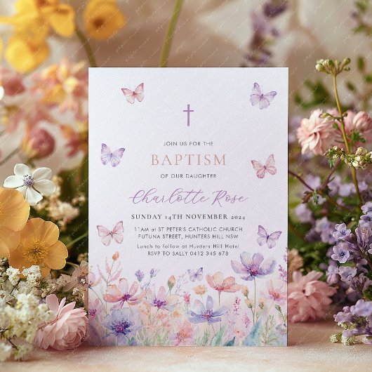 Butterfly Wildflower Floral Baptism Christening Kaart