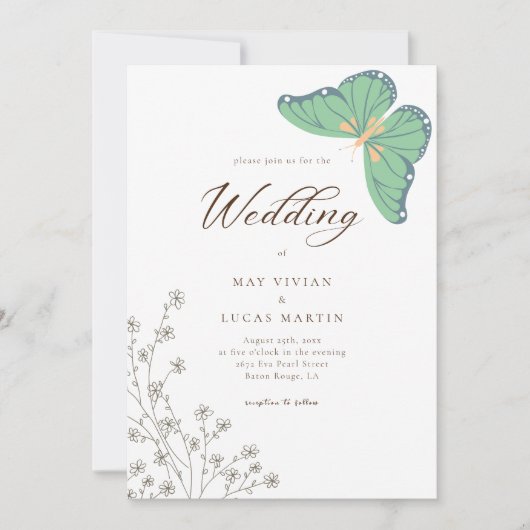 Butterfly Wildflower Kalligrafie Bruiloft Kaart (Voorkant)