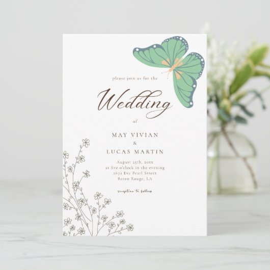 Butterfly Wildflower Kalligrafie Bruiloft Kaart (Staand voorkant)