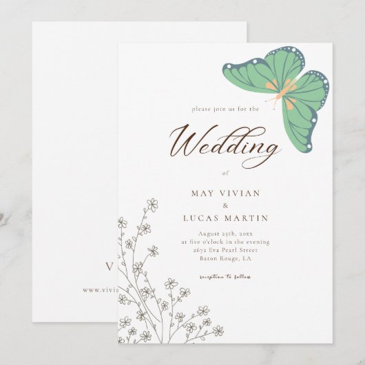 Butterfly Wildflower Kalligrafie Bruiloft Kaart (Voorkant / Achterkant)