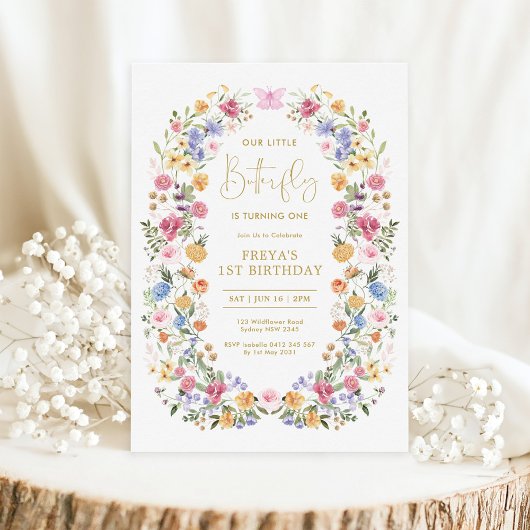 Butterfly Wildflower Krans Eerste 1e verjaardag Kaart