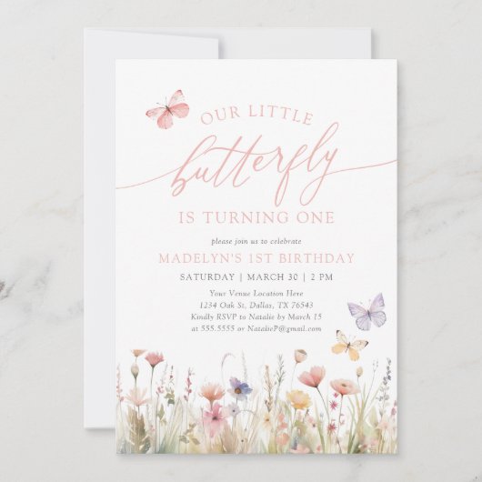 Butterfly Wildflower Meisje 1e Verjaardag Kaart (Voorkant)