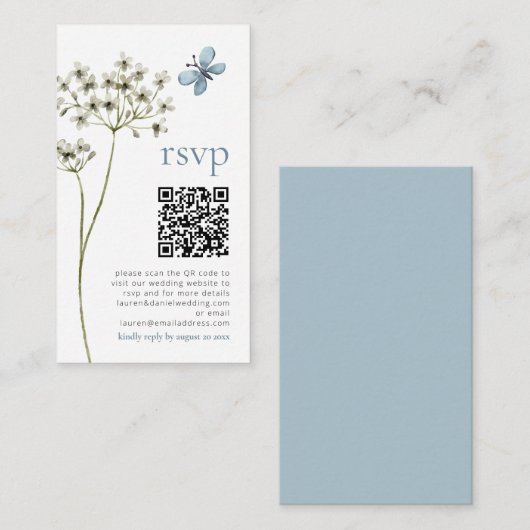 Butterfly Wildflower QR Blue Bruiloft RSVP Kaart (Voorkant / Achterkant)