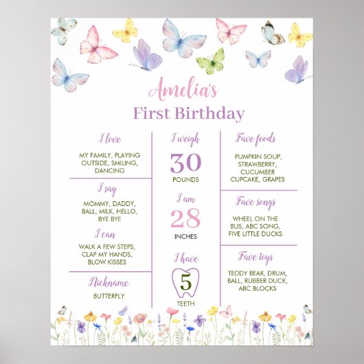 Butterfly Wildflower Verjaardag Milestone Poster (Voorkant)