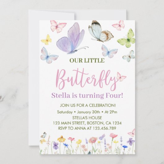 Butterfly Wildflower Verjaardagsfeest Uitnodiging (Voorkant)