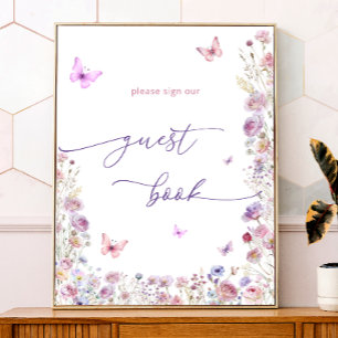 Butterfly Wildflowers Baby shower Gastenboek teken Poster