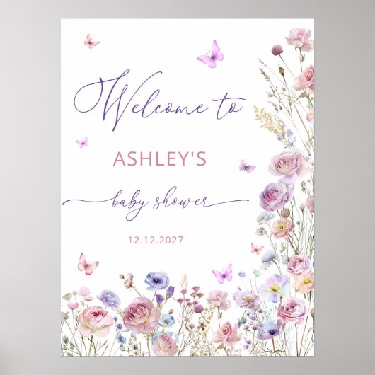 Butterfly Wildflowers Meisje Baby shower Welkom Poster (Voorkant)