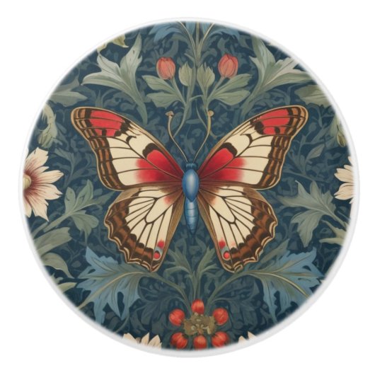 Butterfly William Morris stijl Blauw & Rood Bloeme Keramische Knop (Voorkant)