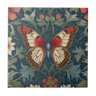 Butterfly William Morris stijl Blauw & Rood Bloeme Tegeltje