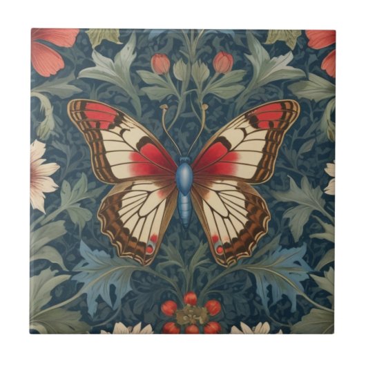 Butterfly William Morris stijl Blauw & Rood Bloeme Tegeltje (Voorkant)