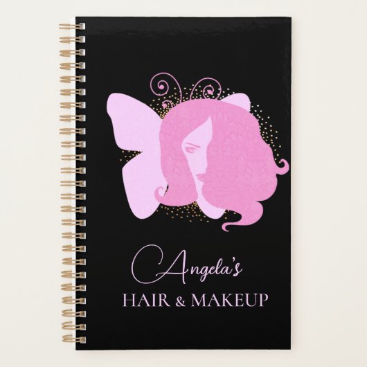 Butterfly Woman Makeup Salon Pink Black Script Planner (Voorkant)