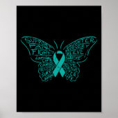Butterfly Words Blauwgroen Ribbon Support Ovarian  Poster (Voorkant)