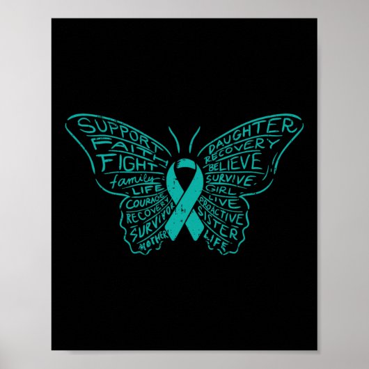 Butterfly Words Blauwgroen Ribbon Support Ovarian  Poster (Voorkant)