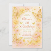 Butterfly Yellow and Pink Birthday Invitation Kaart (Voorkant)