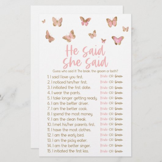 Butterfly zei dat ze Vrijgezellenfeest Game zei Briefpapier (Voorkant / Achterkant)