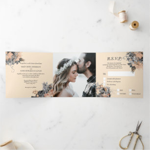 Butterfly zomerperzik zilveren roos bruiloft drieluik uitnodiging