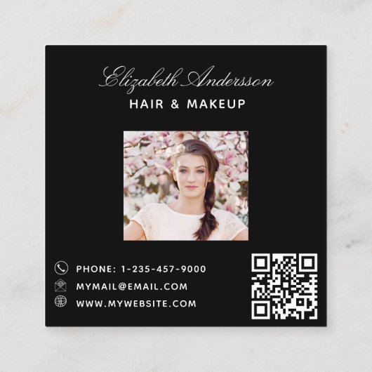 Butterfly zwart goud QR code script foto Vierkante Visitekaartje (Achterkant)