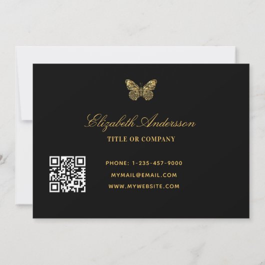 Butterfly zwart gouden script QR code visitekaartj Kaart (Achterkant)