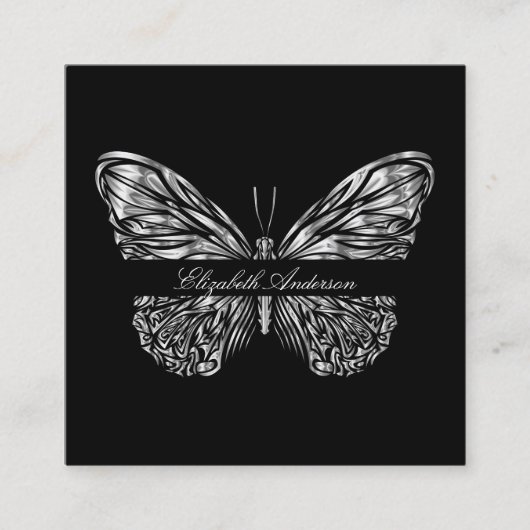 Butterfly zwart zilver QR code elegant script Vierkante Visitekaartje (Voorkant)