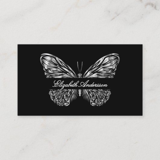 Butterfly zwart zilver QR code elegant script Visitekaartje (Voorkant)