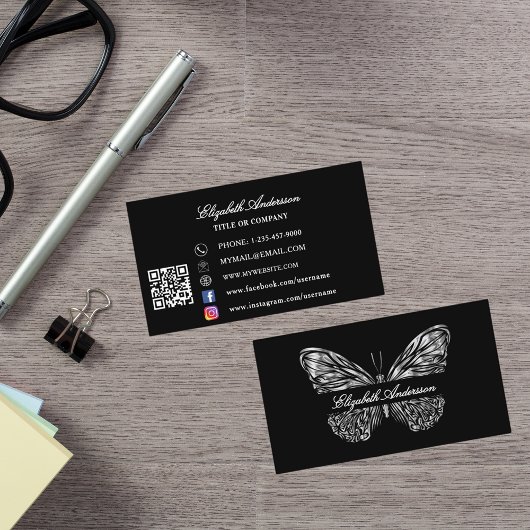 Butterfly zwart zilver QR code elegant script Visitekaartje