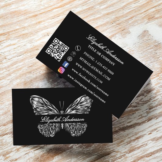 Butterfly zwart zilver QR code elegant script Visitekaartje