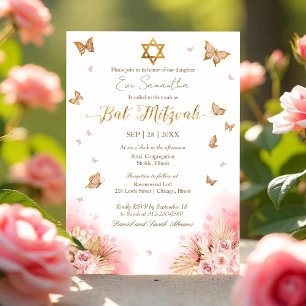 Butterflys Floral Gold Foil Bat Mitzvah Kaart