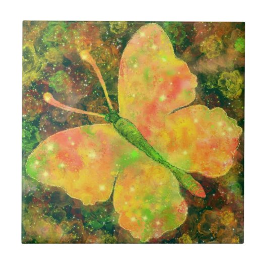 Butterfy and Flowers Ceramic Tile - Watercolor Ar Tegeltje (Voorkant)